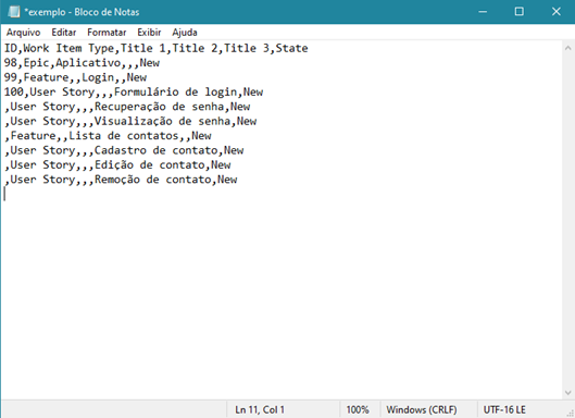 Bloco de notas com o arquivo txt com as vírgulas no lugar dos espaçamentos